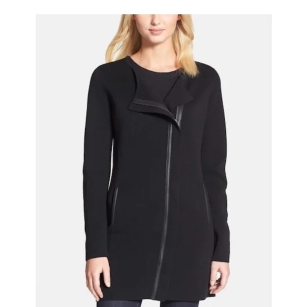 Eileen Fisher Silk Cotton Interlock Jacket Black Zip Up Leather Trim